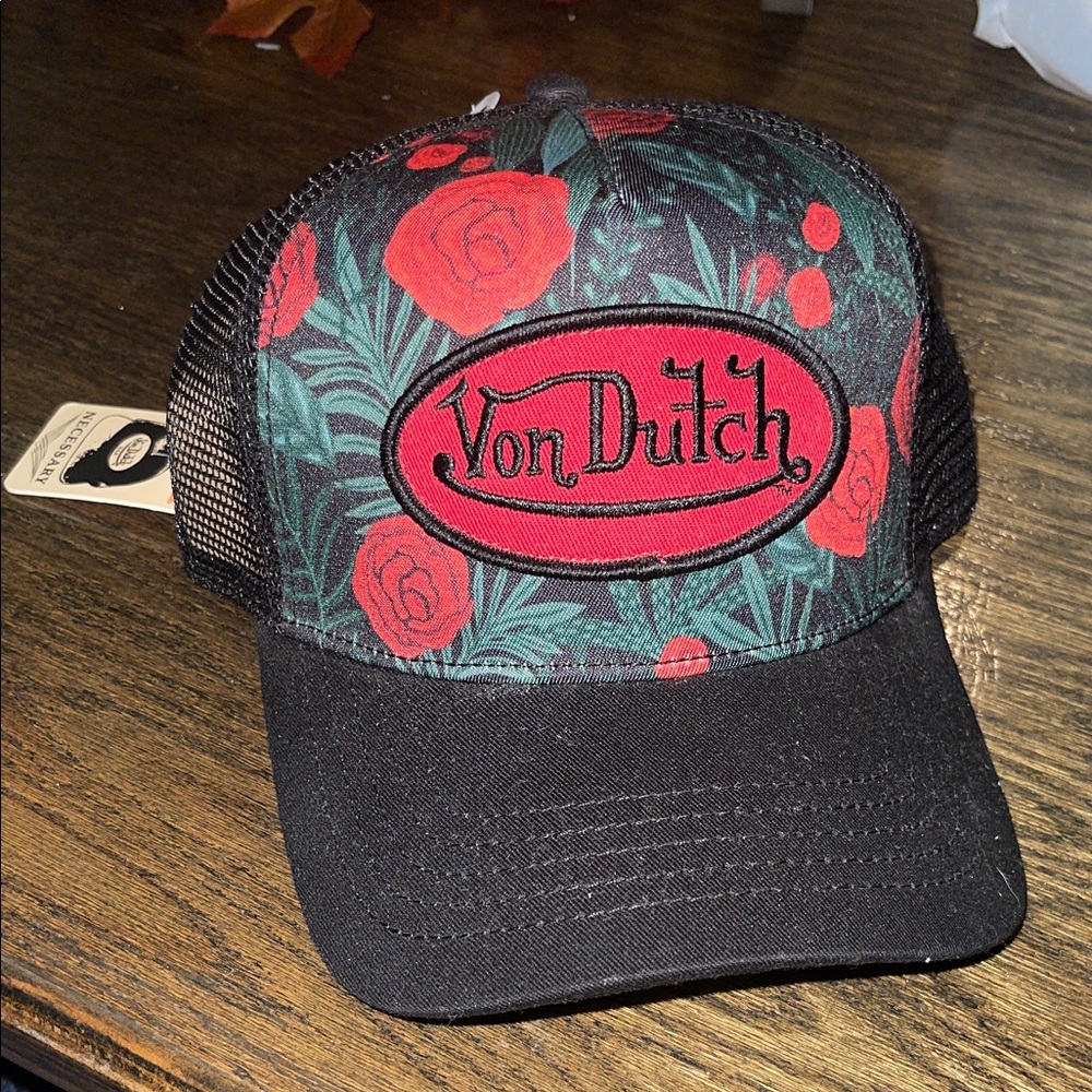 Von Dutch Black and Red Rose Trucker Cap